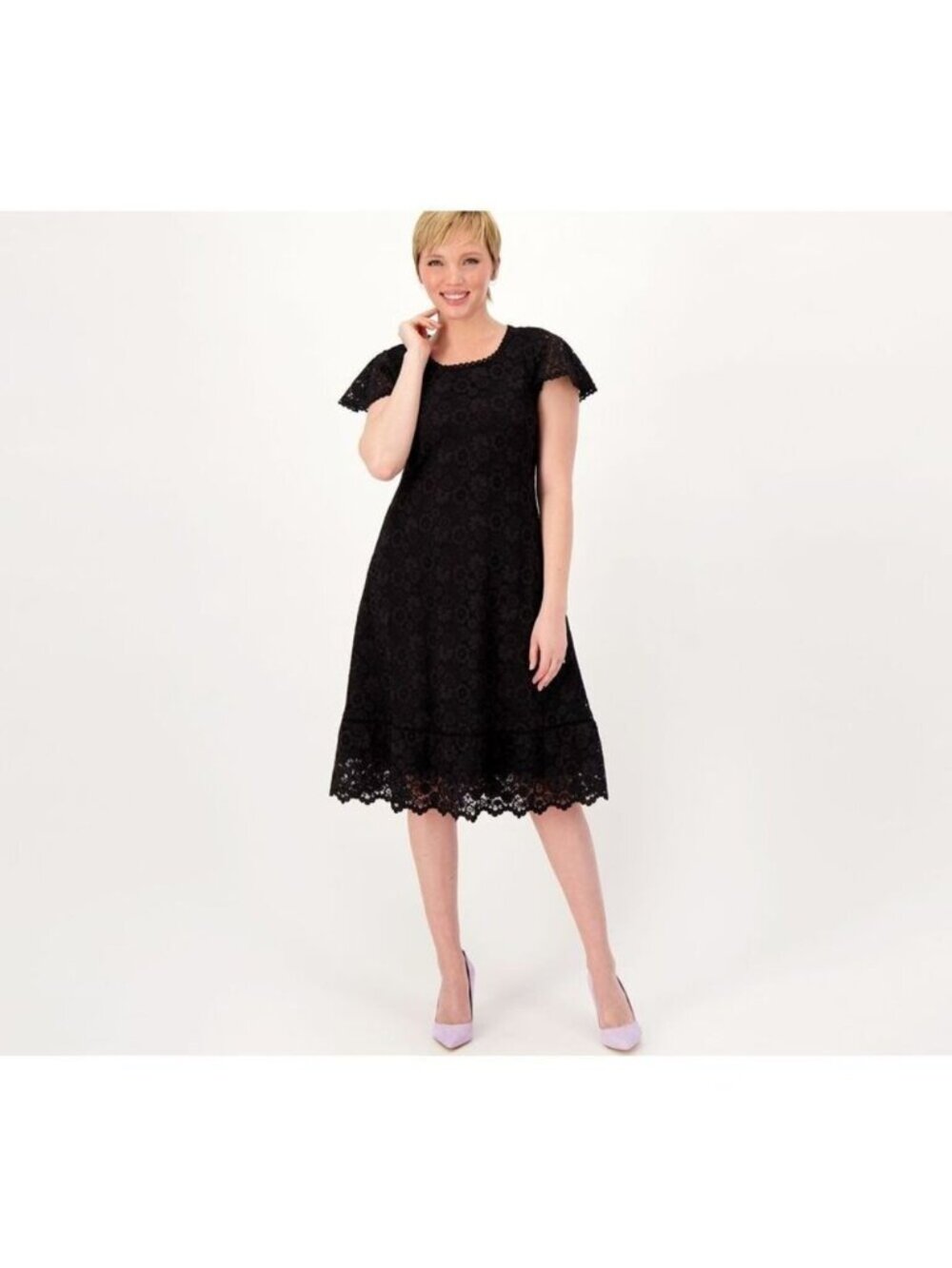 Isaac Mizrahi Dress Lace sz PM Petite Lattice Trim Short Sleeve Black A591689